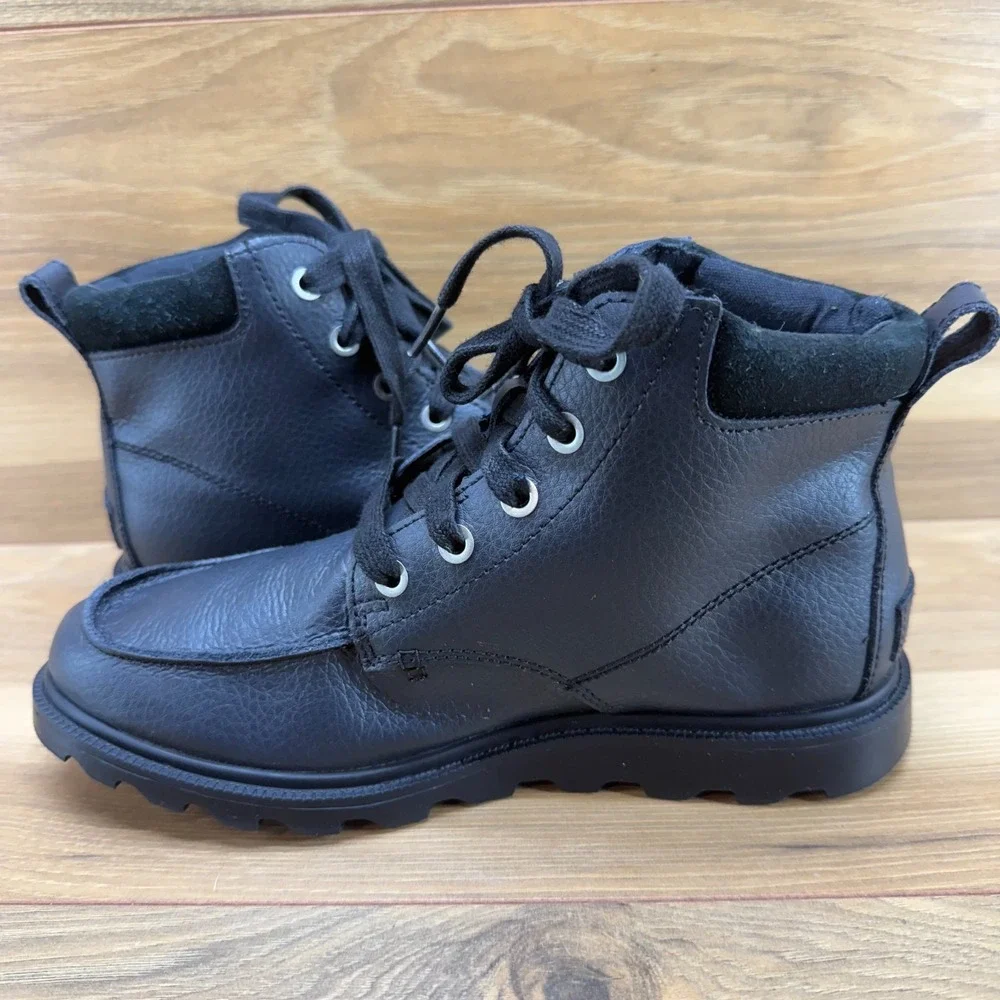 SOREL Madson Moc Toe Boots Youth Size 3 Black Leather Waterproof Lace up